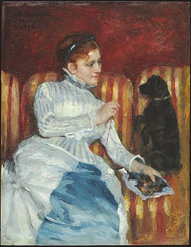 Mary Cassatt Woman on a Striped Sofa with a Dog oil painting image